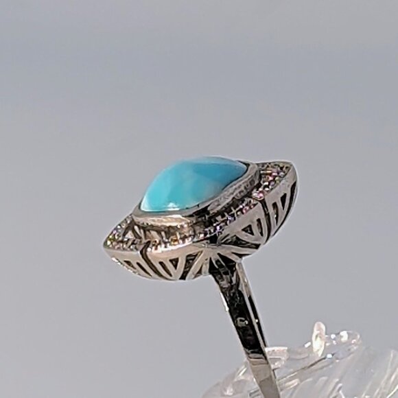 Marahlago Larimar Rhodium Plated Silver Ring Cushion-Cut Stone & Topaz - Picture 3 of 13